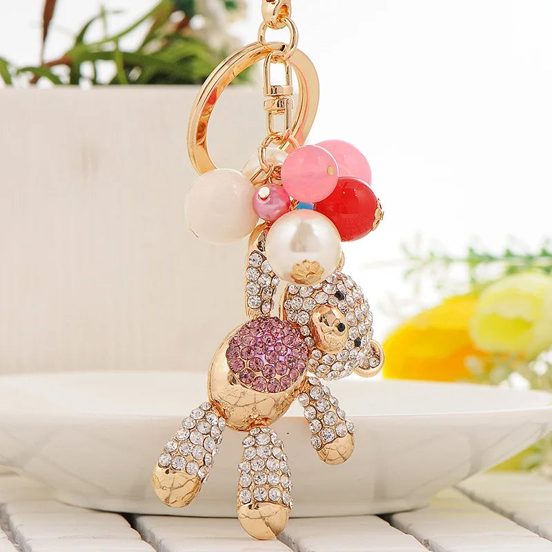 Teddy Bear Rhinestone Cheerleader Keychain