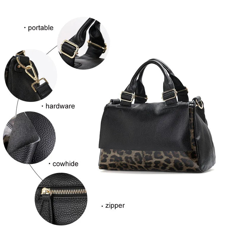 Genuine Leather Leopard Print Handbag