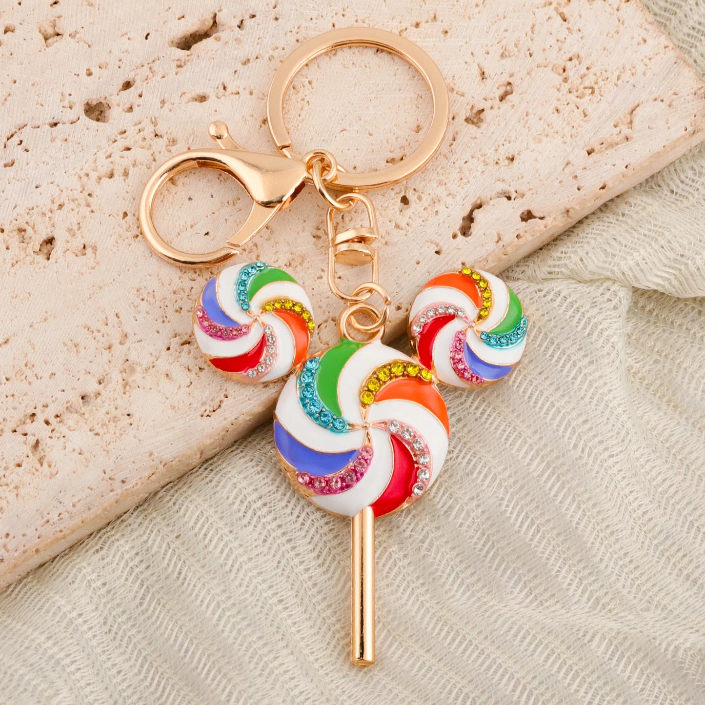 Cute Patchwork Rainbow Candy Rhinestone Lollipop Bag Keychain Creative Sweet Backpack Pendant Car Ornament Party Gift