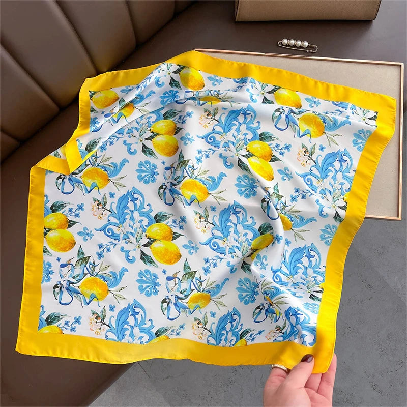 Lemon Yellow Floral Square Silk-Feel Scarf |