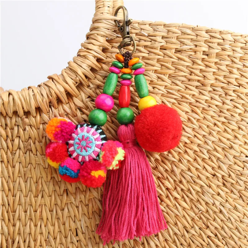 Boho Flower Pom Pom Keychain