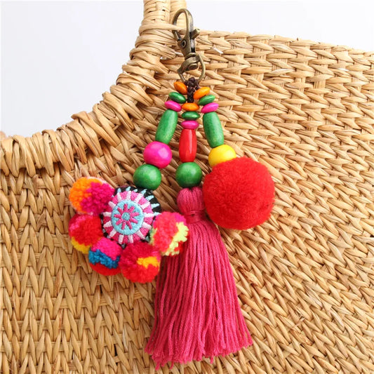 Boho Flower Pom Pom Keychain
