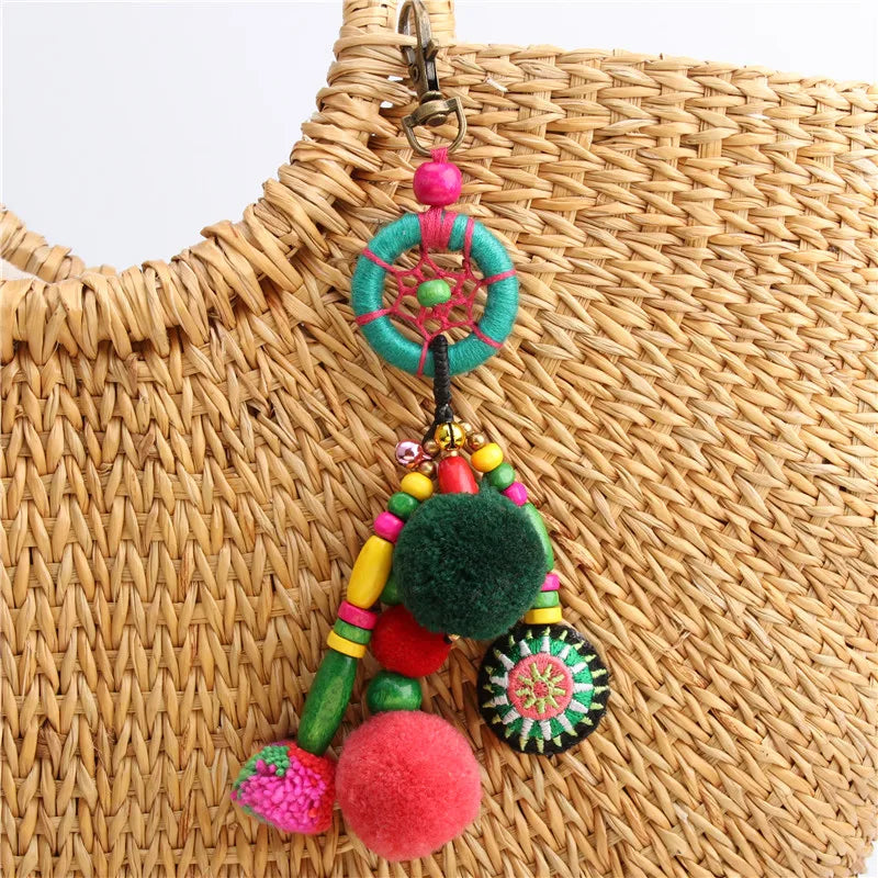 Boho Flower Pom Pom Keychain