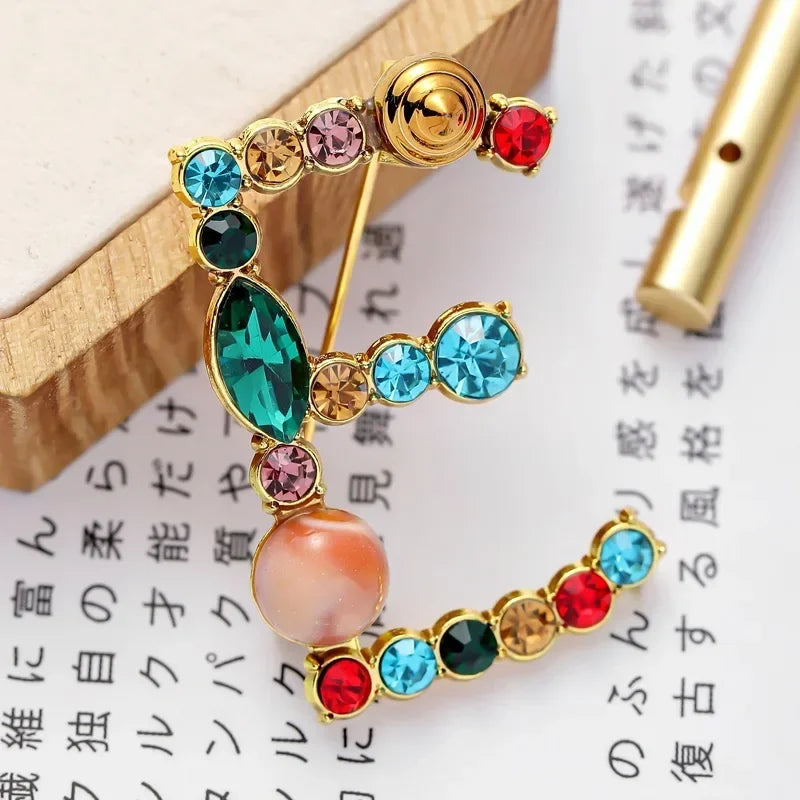 Colorful Rhinestone Initial Brooch