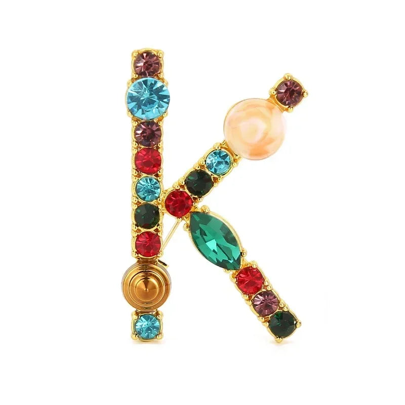 Colorful Rhinestone Initial Brooch