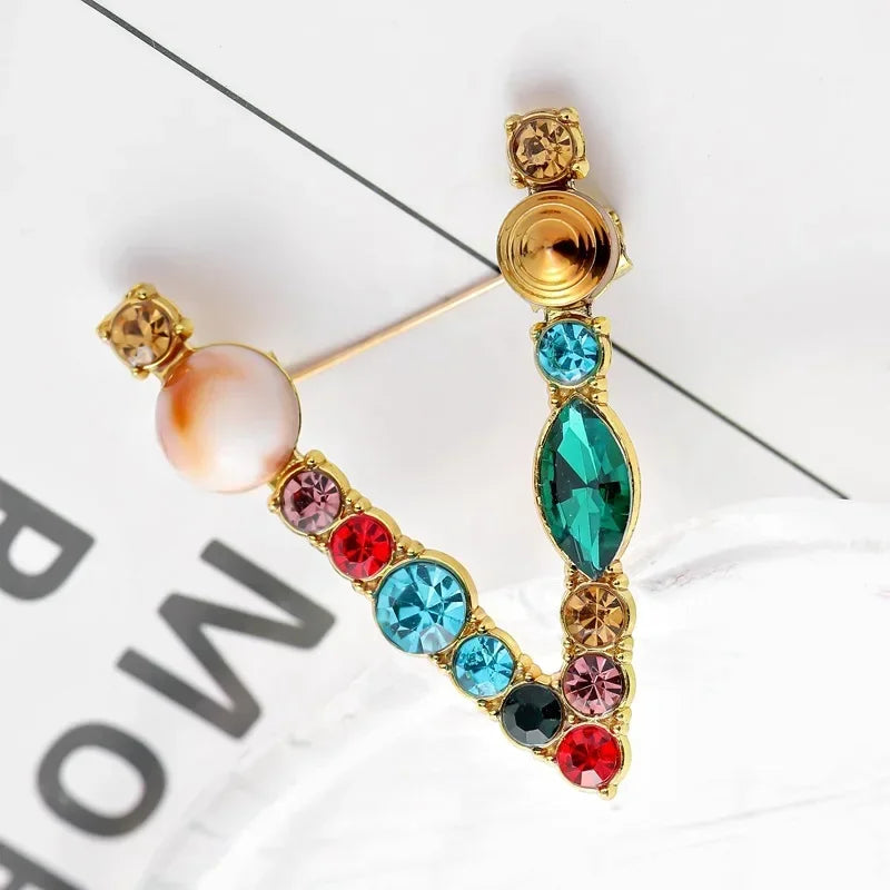 Colorful Rhinestone Initial Brooch