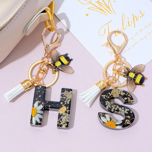 Bee Flower Initial Letter Keychain
