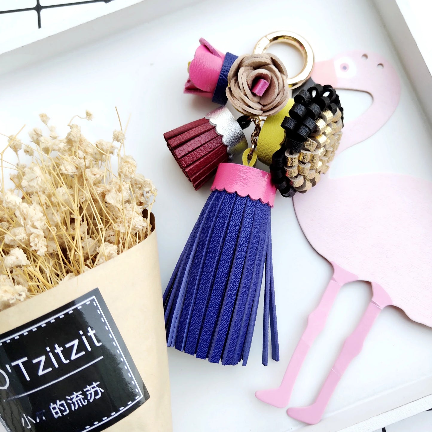 Luxury Handmade Leather Tassel Bag Charm Keychain