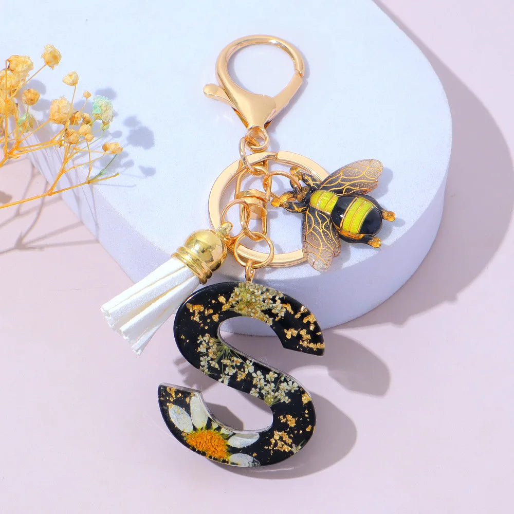 Bee Flower Initial Letter Keychain