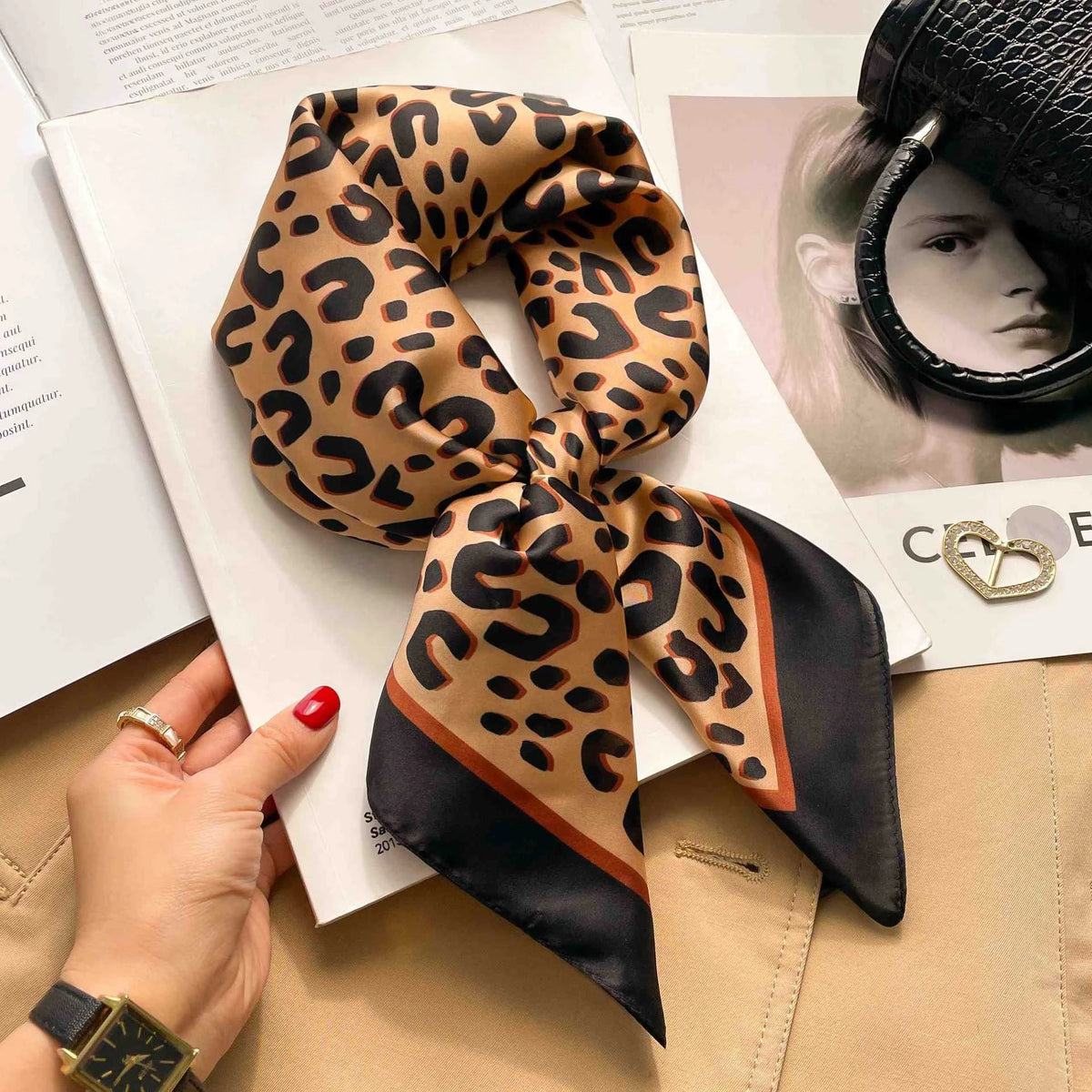 Leopard Print Satin Square Scarf