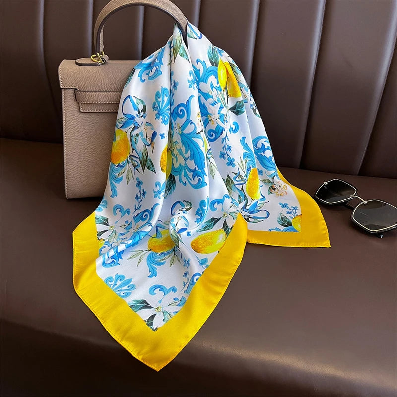 Lemon Yellow Floral Square Silk-Feel Scarf |