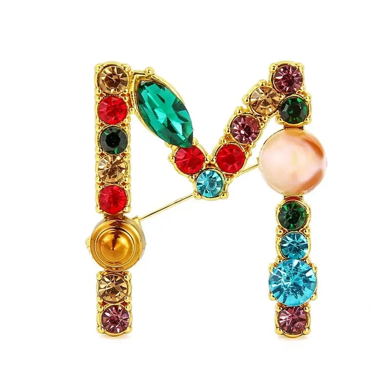 Colorful Rhinestone Initial Brooch