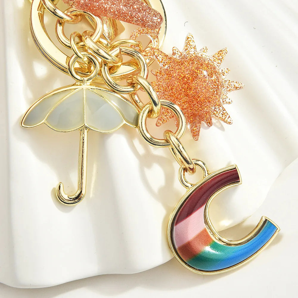 Sun & Umbrella Letter Keychain — Rainbow Bag Charm Pendant