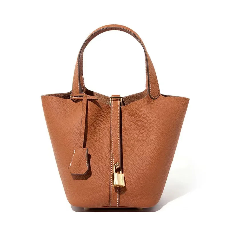 Genuine Leather Bucket Bag — Litchi Pattern Shoulder Tote with Lock