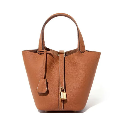 Genuine Leather Bucket Bag — Litchi Pattern Shoulder Tote with Lock