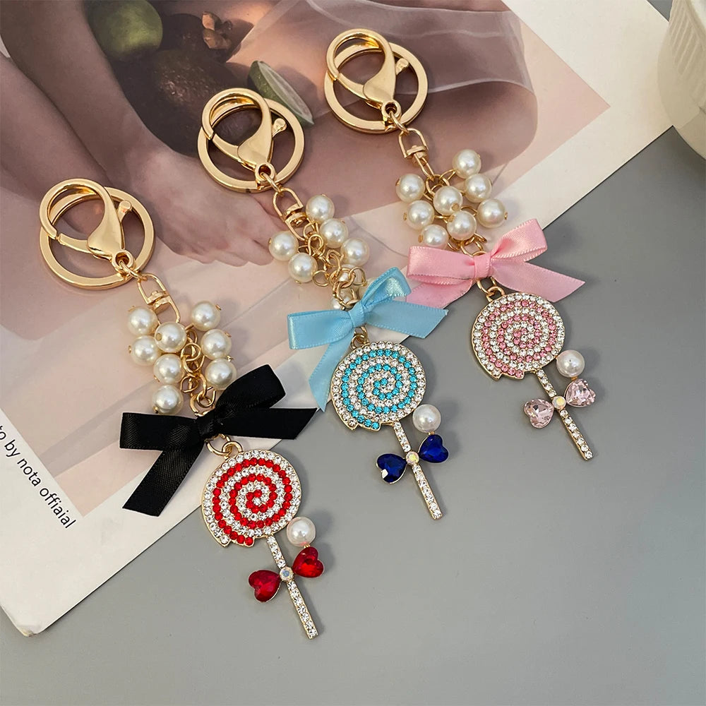 Sparkling Crystal Lollipop Bow Keychain – Pink, Red & Blue