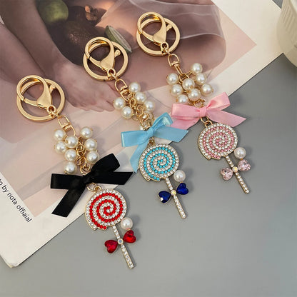 Sparkling Crystal Lollipop Bow Keychain – Pink, Red & Blue