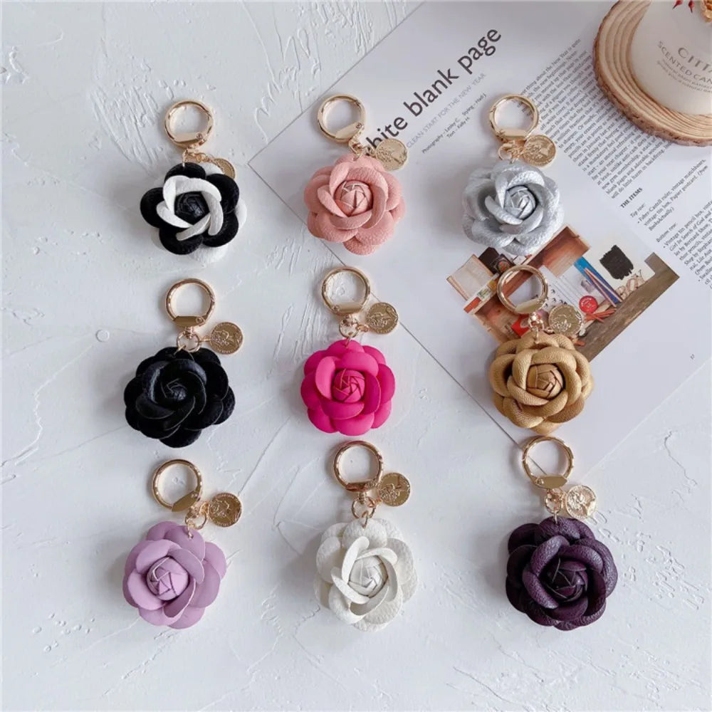 Camellia Flower Leather Keychain