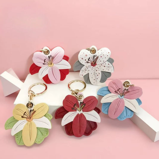 Lily Flower Pendant Leather Keychain