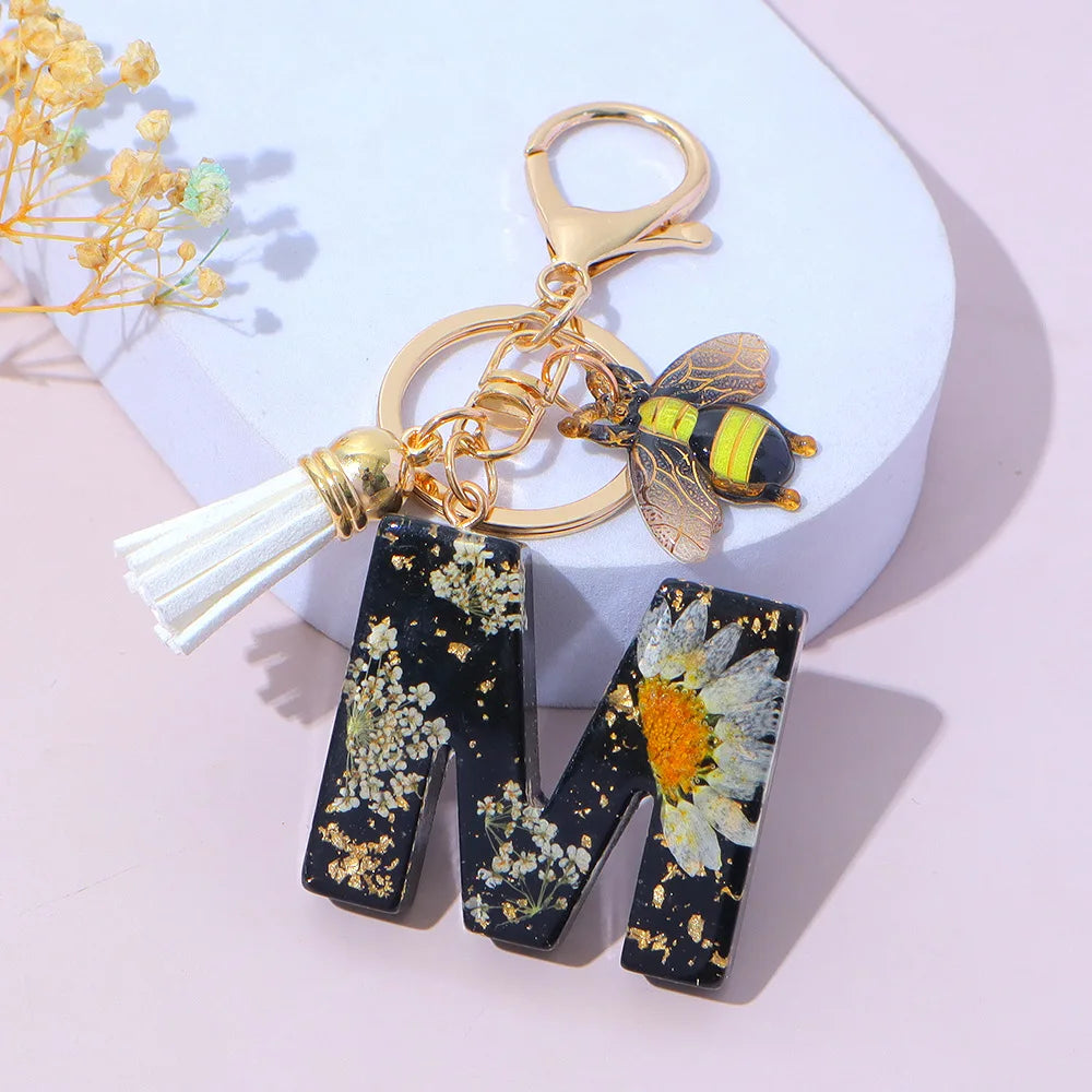 Bee Flower Initial Letter Keychain