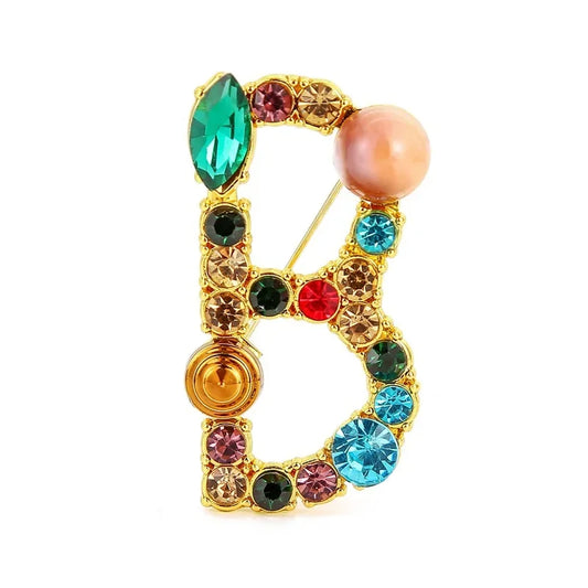 Colorful Rhinestone Initial Brooch