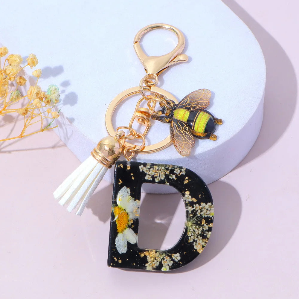 Bee Flower Initial Letter Keychain