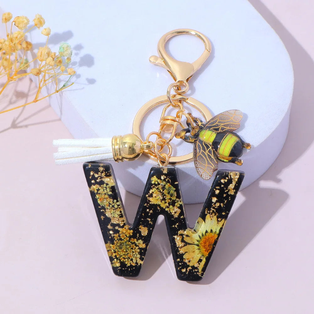 Bee Flower Initial Letter Keychain