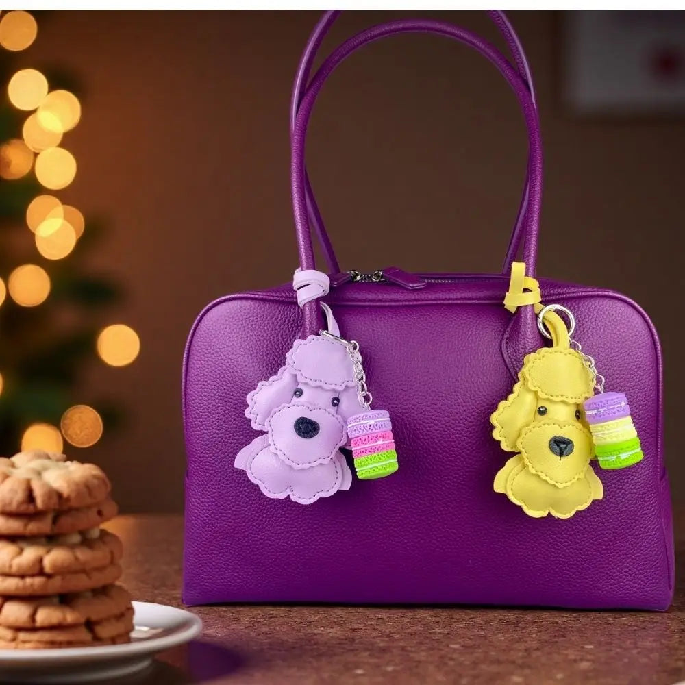 Teddy Bear Bag Charm — 3D Wavy Leather with Macaron Keychain