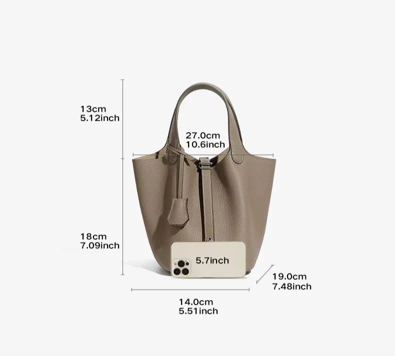 Genuine Leather Bucket Bag — Litchi Pattern Shoulder Tote with Lock