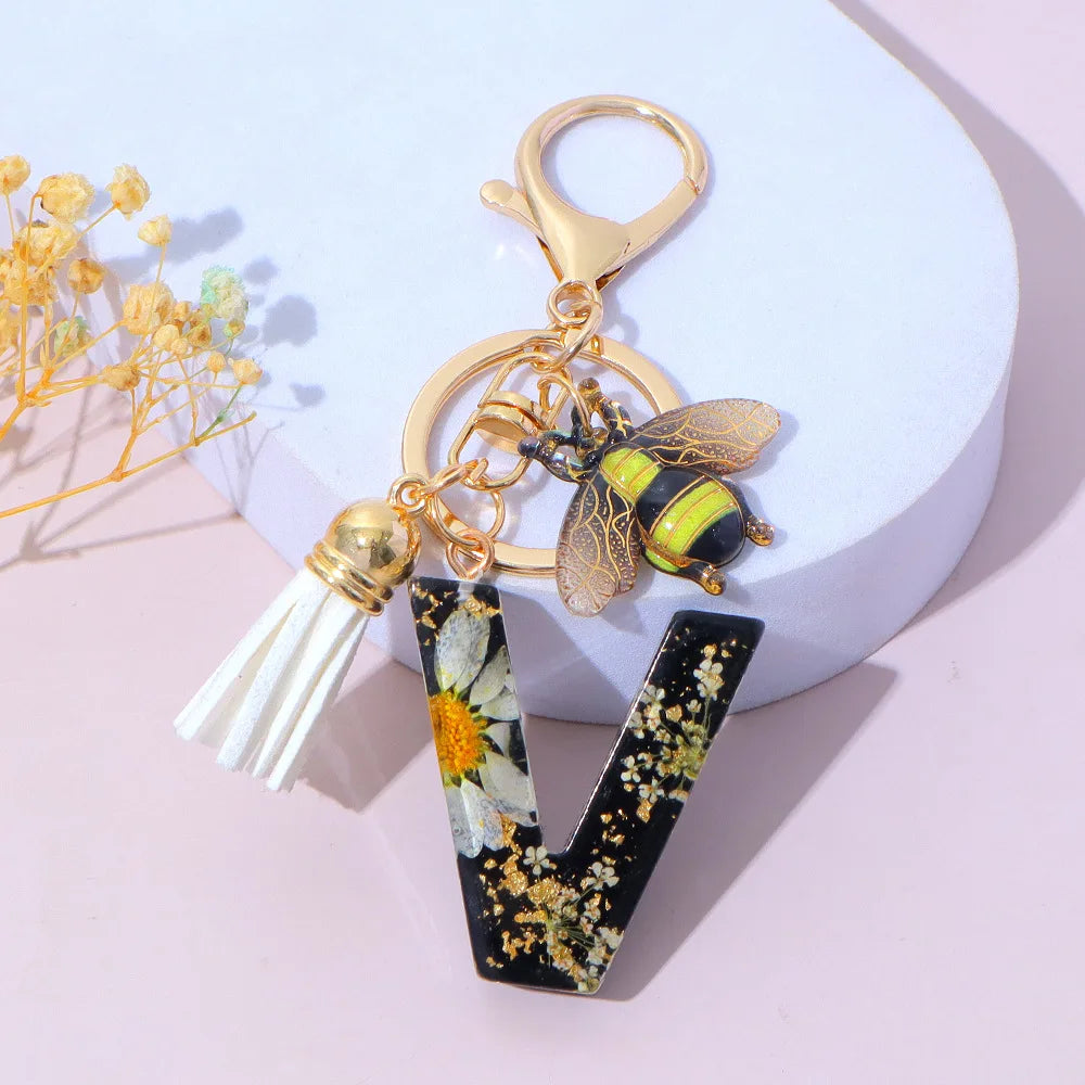 Bee Flower Initial Letter Keychain