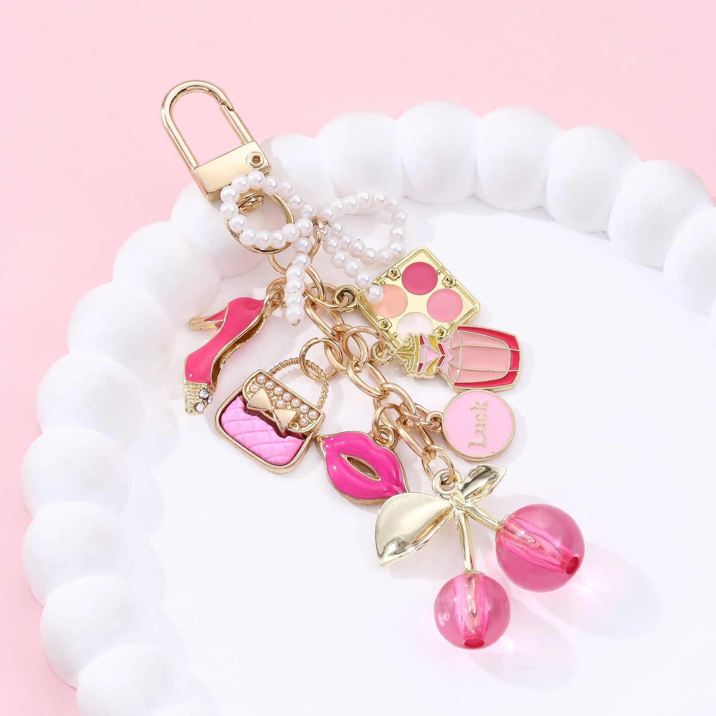 Lipstick & Pearl Bow Keychain