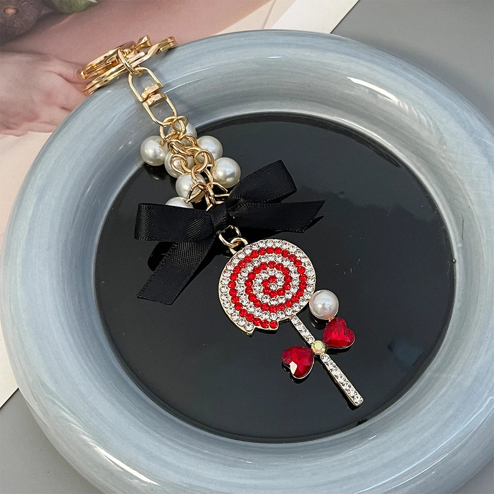 Sparkling Crystal Lollipop Bow Keychain – Pink, Red & Blue