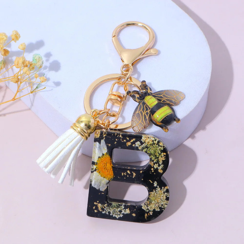 Bee Flower Initial Letter Keychain