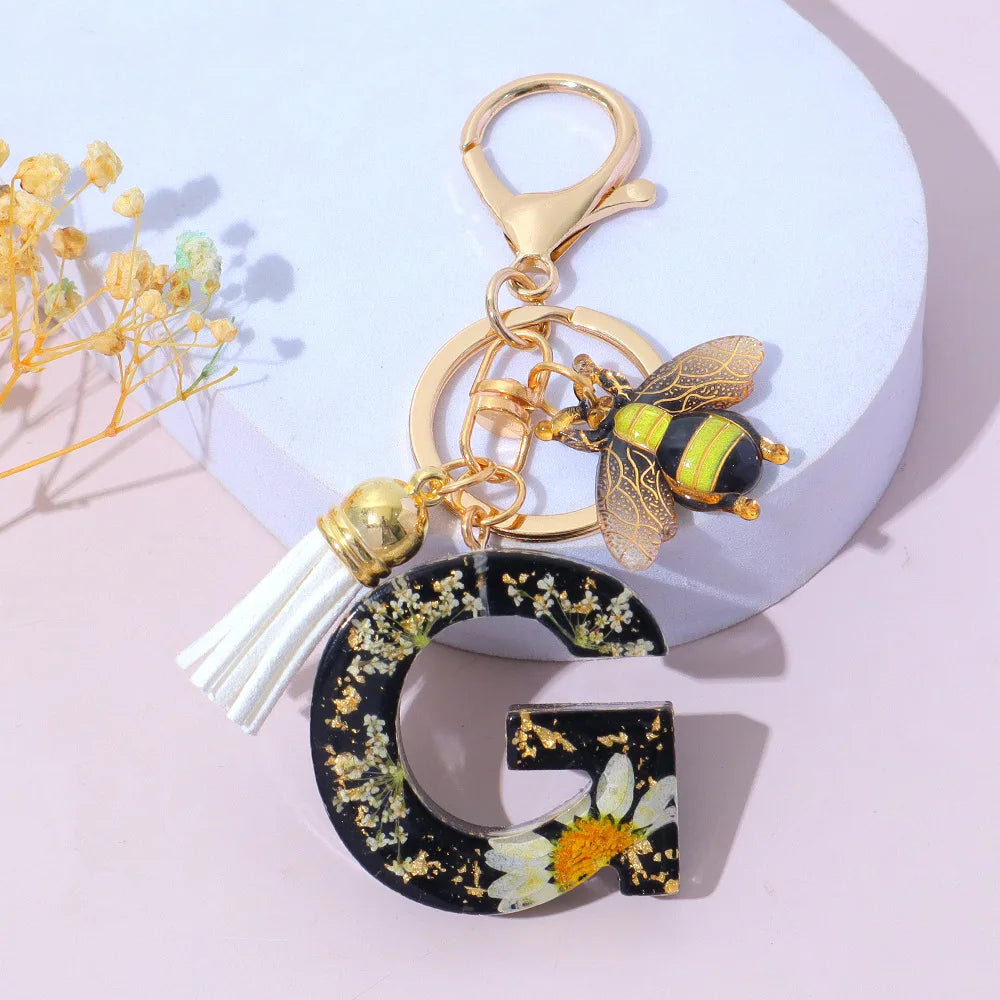 Bee Flower Initial Letter Keychain