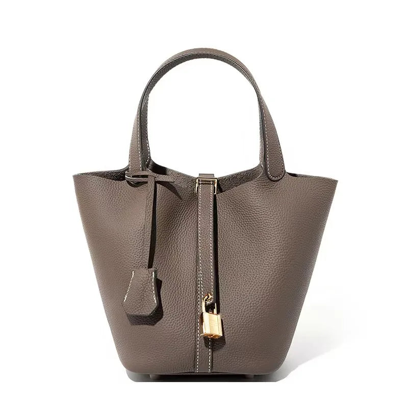 Genuine Leather Bucket Bag — Litchi Pattern Shoulder Tote with Lock