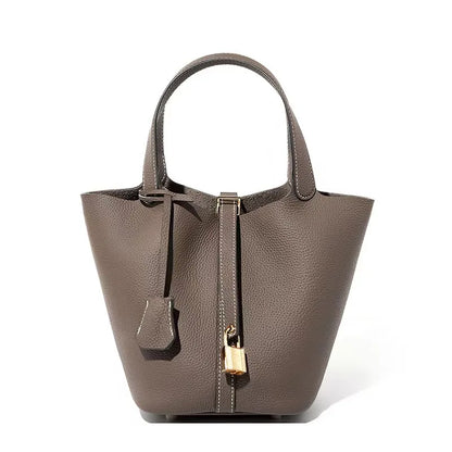 Genuine Leather Bucket Bag — Litchi Pattern Shoulder Tote with Lock