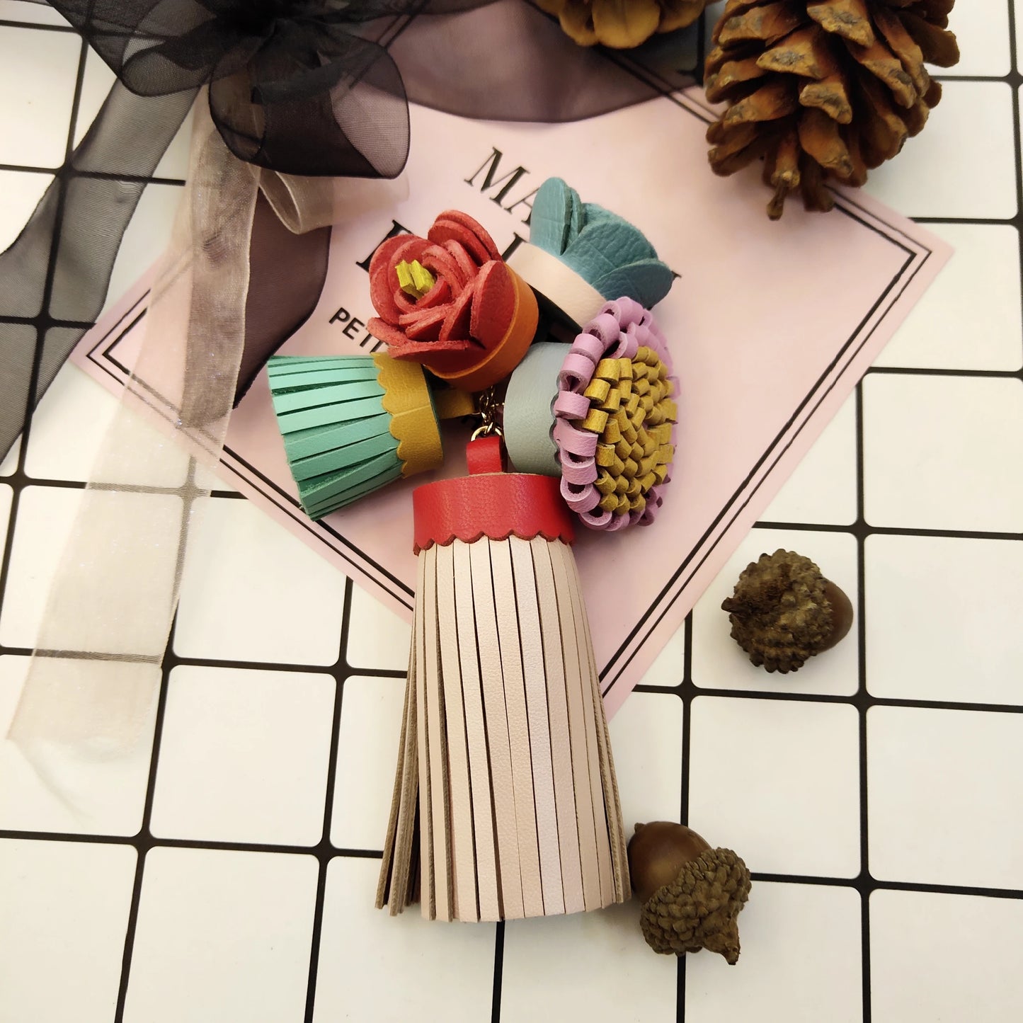 Luxury Handmade Leather Tassel Bag Charm Keychain