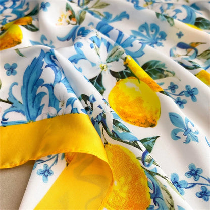 Lemon Yellow Floral Square Silk-Feel Scarf |