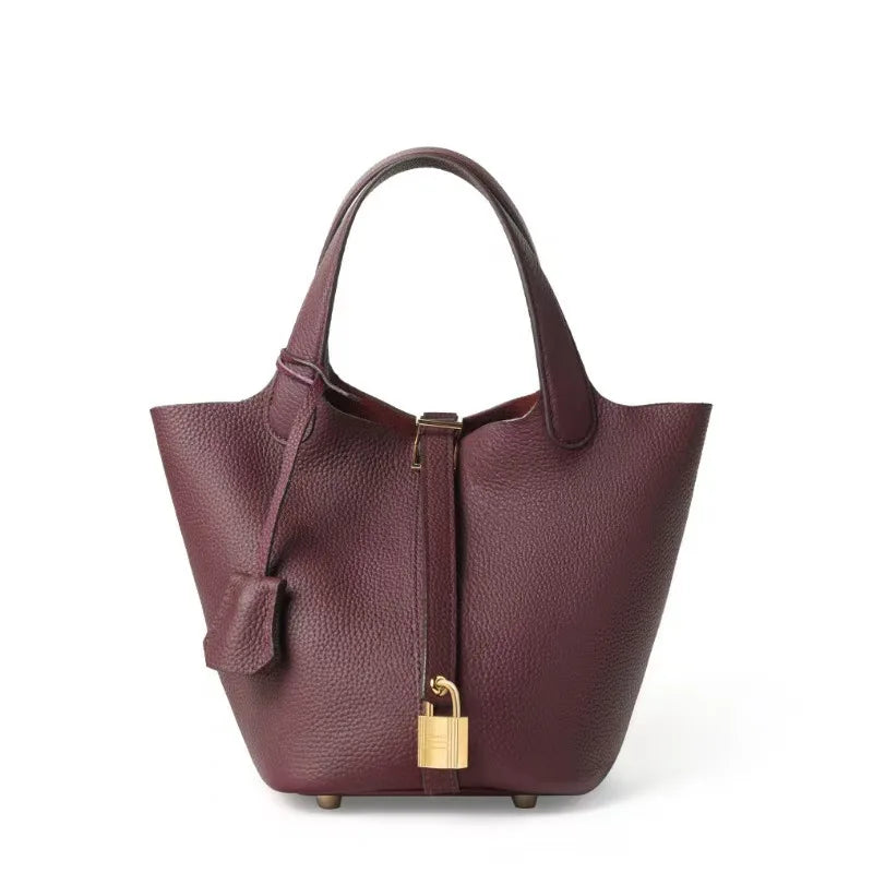 Genuine Leather Bucket Bag — Litchi Pattern Shoulder Tote with Lock