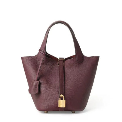 Genuine Leather Bucket Bag — Litchi Pattern Shoulder Tote with Lock