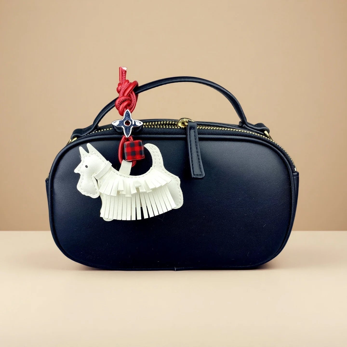 Schnauzer Bag Charm — PU Leather Tassel & Plaid Bead Keychain
