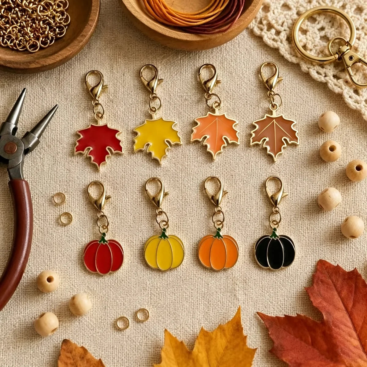 Maple Leaf & Pumpkin Keychain Set (8 Pieces)