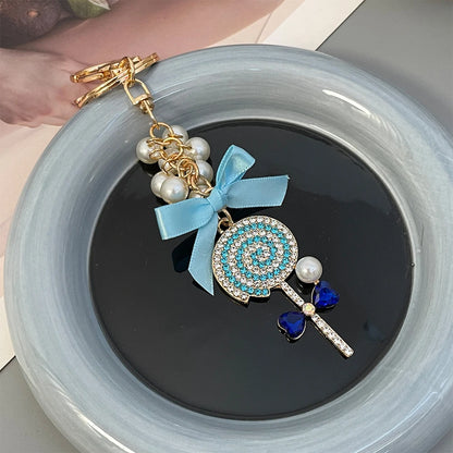Sparkling Crystal Lollipop Bow Keychain – Pink, Red & Blue