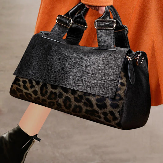 Genuine Leather Leopard Print Handbag