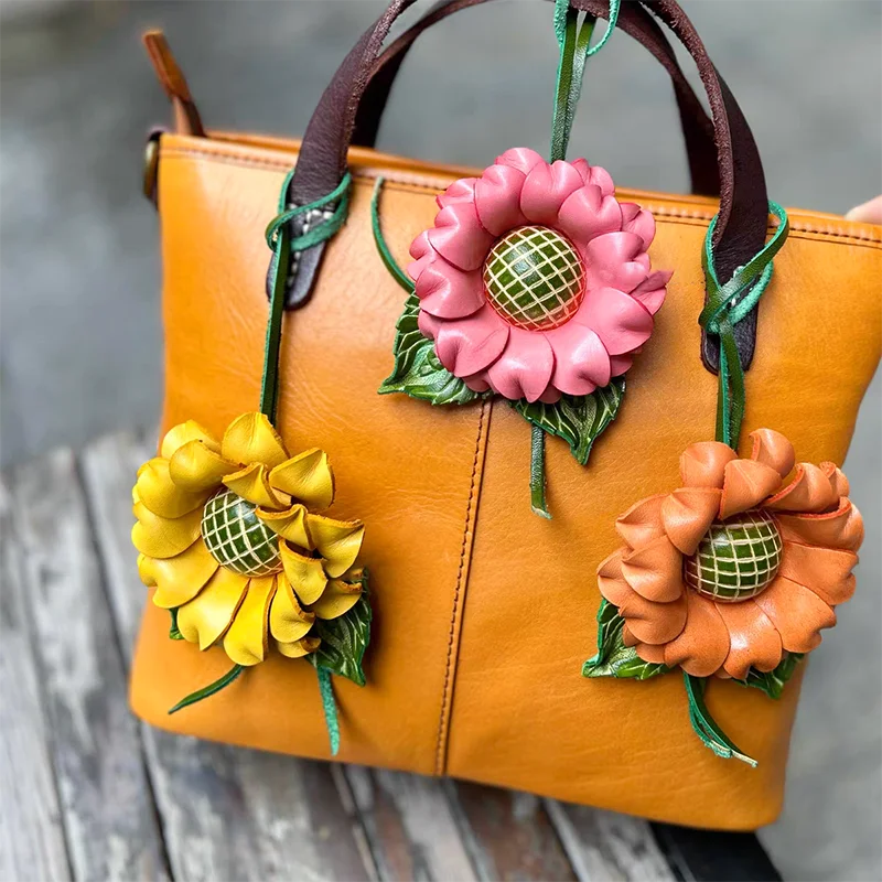 Genuine Leather Sunflower Pendant Bag Charm