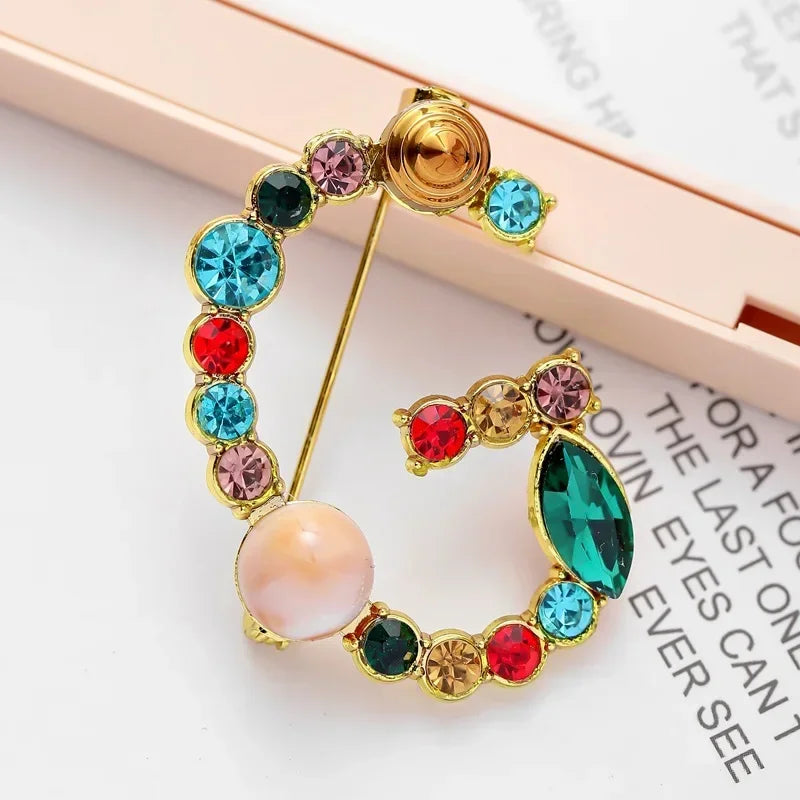 Colorful Rhinestone Initial Brooch