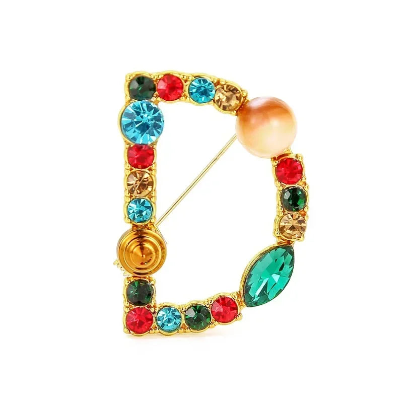 Colorful Rhinestone Initial Brooch