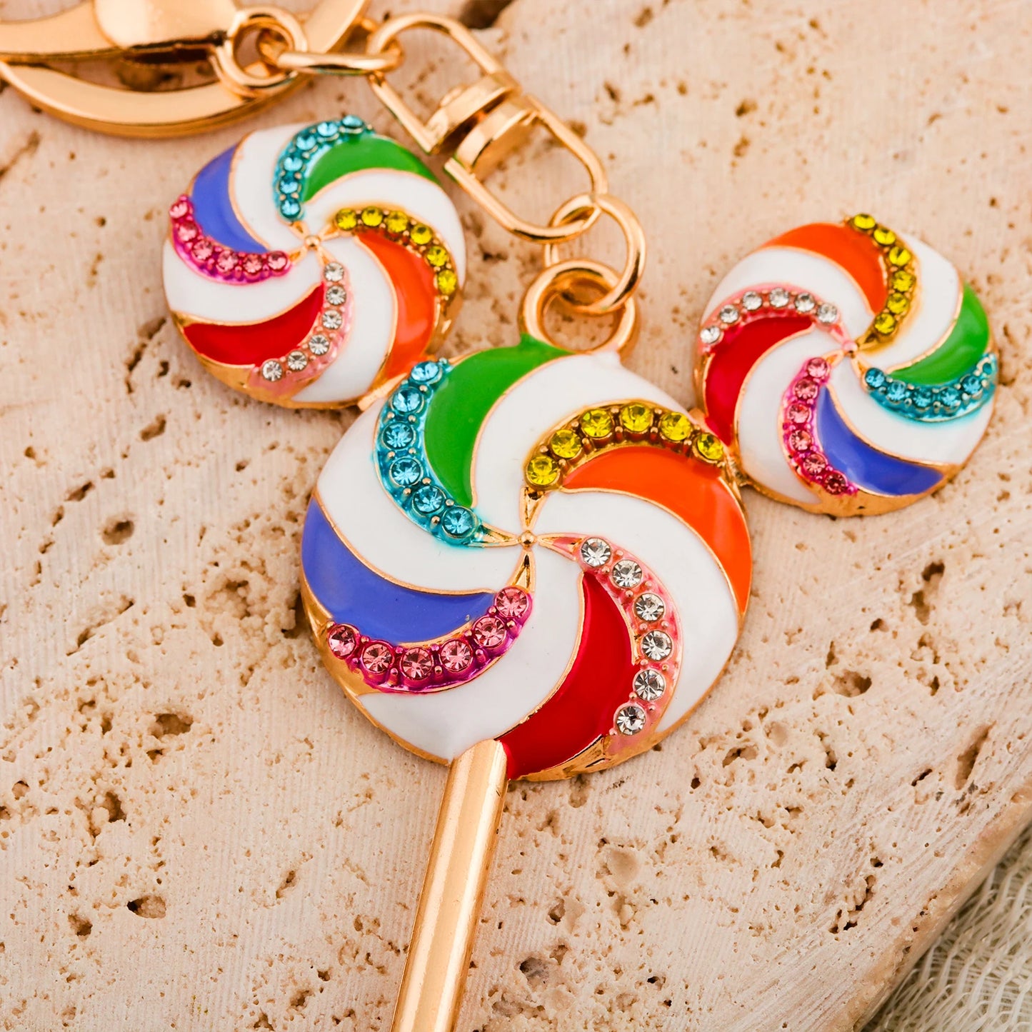 Cute Patchwork Rainbow Candy Rhinestone Lollipop Bag Keychain Creative Sweet Backpack Pendant Car Ornament Party Gift