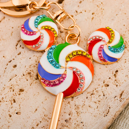 Cute Patchwork Rainbow Candy Rhinestone Lollipop Bag Keychain Creative Sweet Backpack Pendant Car Ornament Party Gift