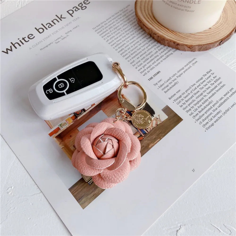 Camellia Flower Leather Keychain